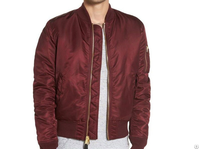 Custom 100 Percent Polyester Solid Wine Red Color Plain Padded Bomber Jacket Men