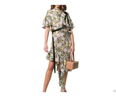 Ruffle Sleeve Asymmetrical Hem Flounce Floral Printed Midi Shirt Dress With Button
