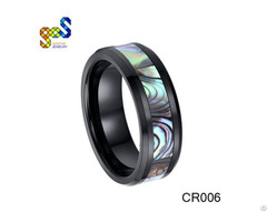 Black Ceramic Ring With Abalone Shell Polished Shiny And Beveled Edges