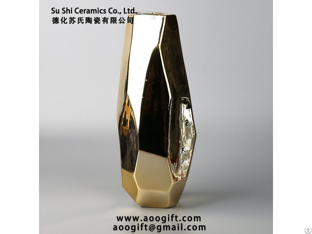 Luxury Style Geometric Shape Plated Gold Ceramic Vase