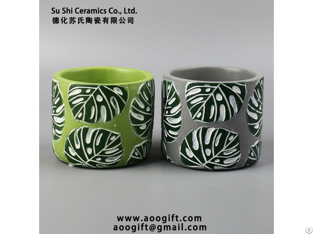 Simple Tropical Green Leaf Pattern Cement Flower Pot