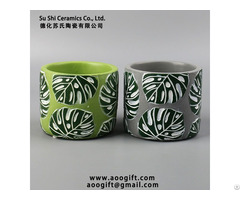 Simple Tropical Green Leaf Pattern Cement Flower Pot
