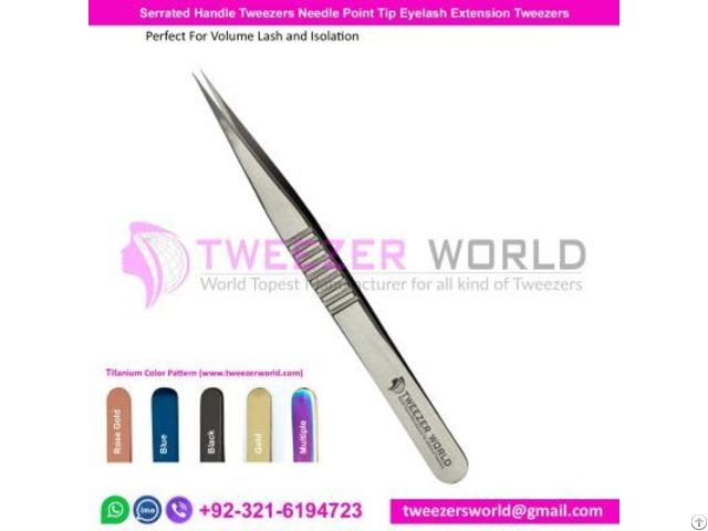 Serrated Handle Tweezers Needle Point Tip Eyelash Extension