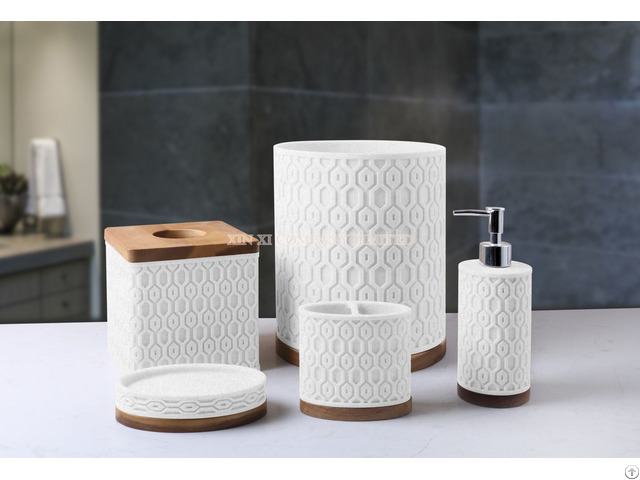 Modern Style Sand Resin With Wood Base 5pcs Set Bathroom Accessories