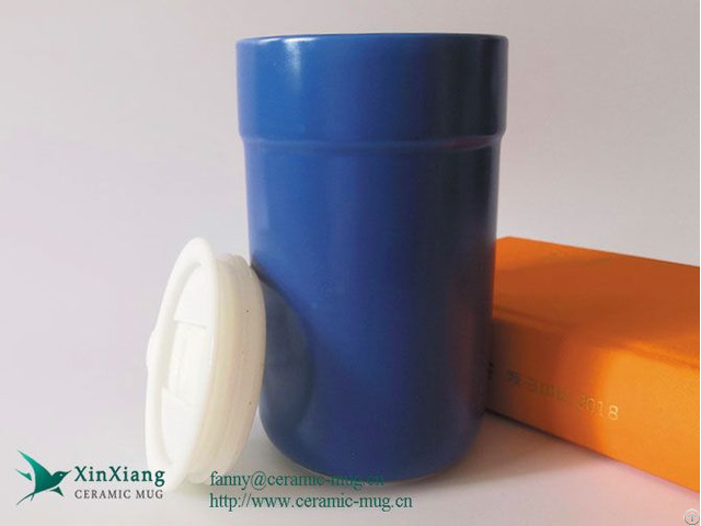 Custom Blue Insulated Padded Straight Ceramic Coffee Mug With Lid