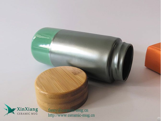 Custom Double Insulated Travel Ceramic Coffee Mug With Bamboo Lid