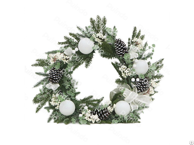 Puindo Artificial Customized Christmas Wreath With Pine Cone White Berries Bow