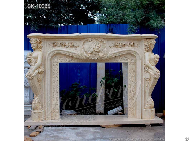 Manufacturer Egyptian Beige Marble Fireplace Mantel Surround With Greek Female Sculptures