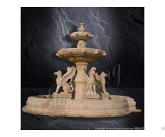 Outdoor Large Egyptian Beige Marble Water Fountain With Lion Head And Griffins For Garden Decor