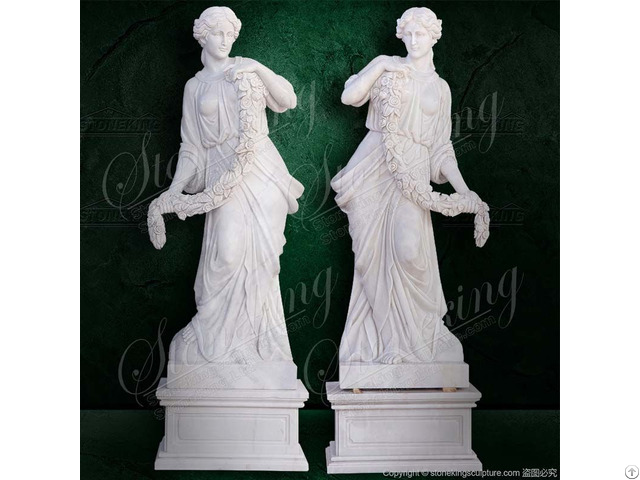 Outdoor Large White Marble Woman Statues Holding Garland For Garden And Courtyard Decor