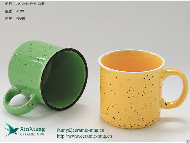 Customized Yellow Ink Dot 15oz Faux Enamel Stoneware Coffee Mug Factory