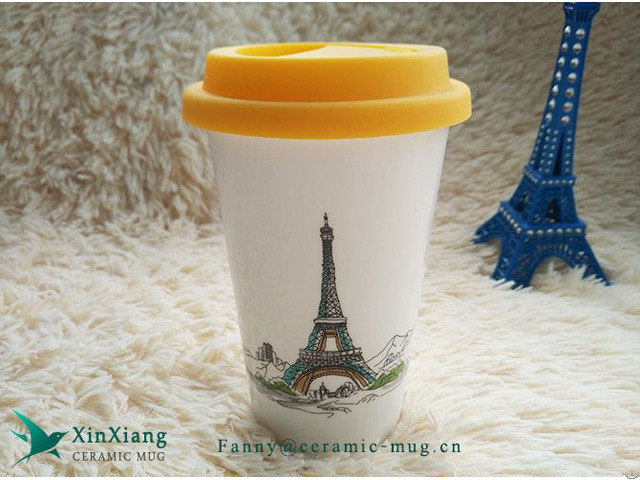 Double Wall Ceramic Travel Cups With Silicone Lid