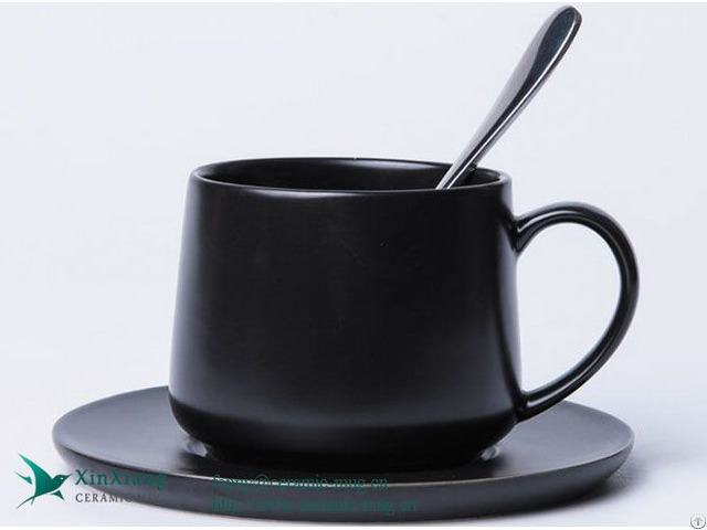 Custom Plain Black Matte Ceramic Mug And Saucer