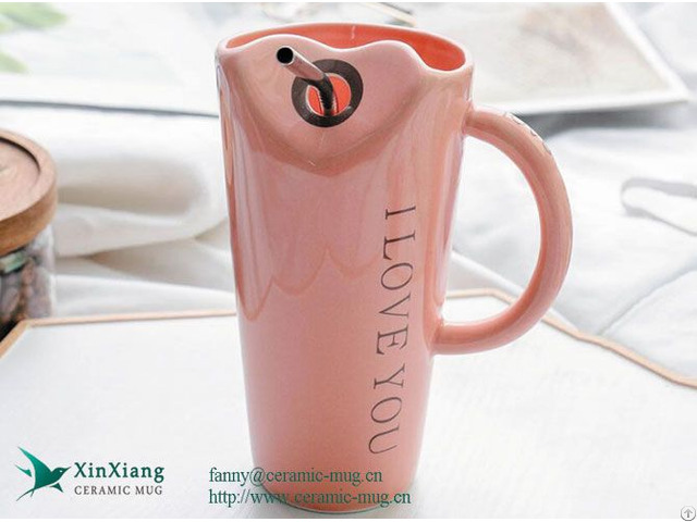 Straw Pink Horn Shape Ceramic Coffee Mugs