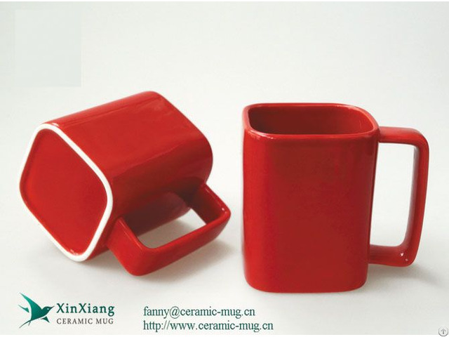 Red Printed Ceramic Coffee Mugs With Square Handle