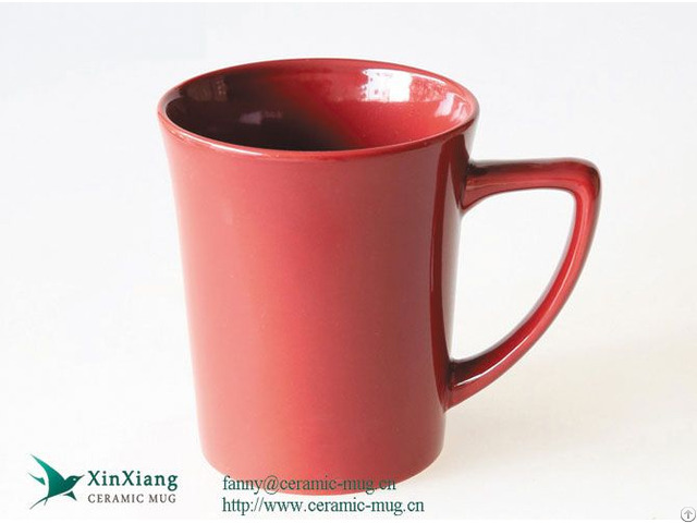 Red Wide Mouthed Ceramic Coffee Mugs With 7 Shaped Handle