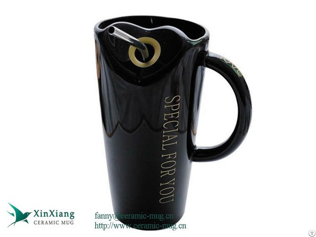 480ml Plain Black Horn Shape Ceramic Mugs With Straw And Logo