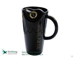 480ml Plain Black Horn Shape Ceramic Mugs With Straw And Logo