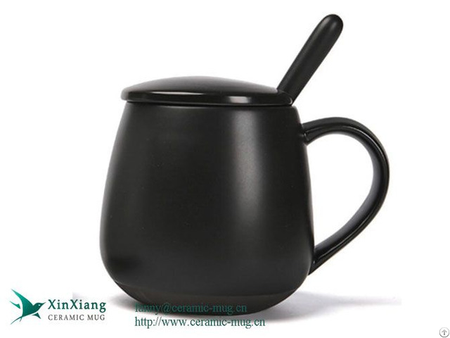 Custom 16oz Plain Black Ceramic Mugs With Lid And Spoon