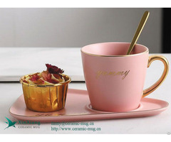 Pink Ceramic Coffee Cup And Saucer With Logo Triangular Plate