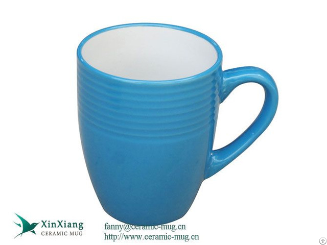 Blue V Shaped Threaded Printed Ceramic Coffee Mugs With Logo