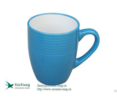 Blue V Shaped Threaded Printed Ceramic Coffee Mugs With Logo