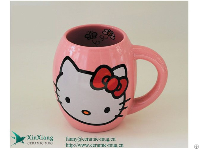 Pink Barrel Shaped Printed Ceramic Mugs With Handle