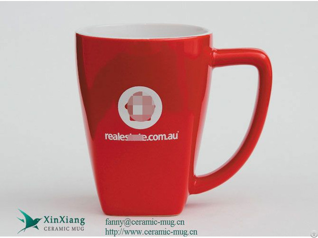 Red Shiny Wide Mouth Printed Ceramic Coffee Mugs With Logo