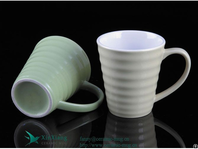 Grey V Shaped Threaded Ceramic Coffee Mugs With Handle Factory