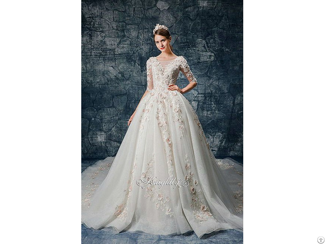 K10120161x 3d Pink Floral Applique Lace Long Sleeves Bridal Gown