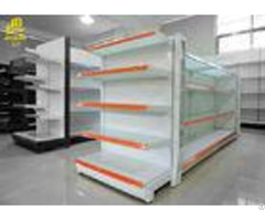 White Color Supermarket Steel Racks Glass Shelf Adversiting Upright