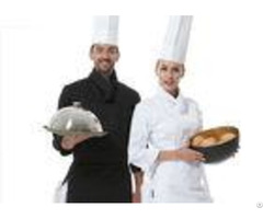Men Polyester Fabric Kitchen Staff Uniforms Rollable Cuffs Black And White With Hat