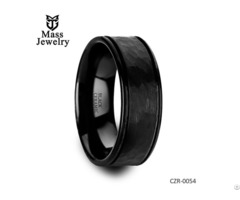 Hammered Finish Center Black Ceramic Wedding Band With Dual Offset Grooves And Polished Edges