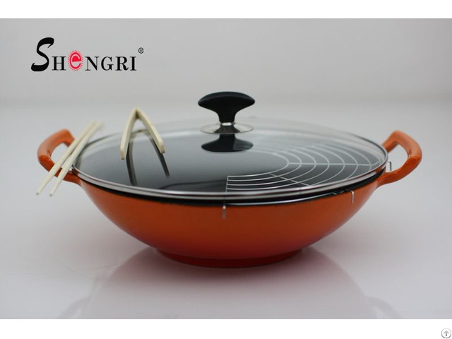 Red Color Cast Iron Enamel Wok With Double Ears Handle And Lid