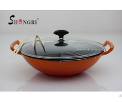 Red Color Cast Iron Enamel Wok With Double Ears Handle And Lid